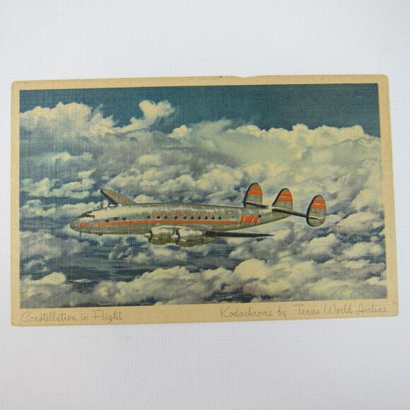 Linen Postcard Trans World Airline Plane Constellation Flight Vintage UNPOSTED - Picture 1 of 12